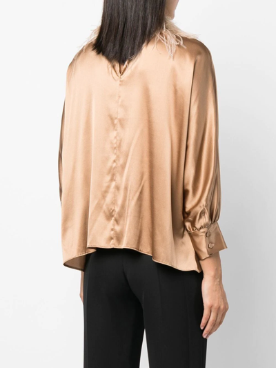 Shop Styland Feather-trimmed Blouse In Neutrals