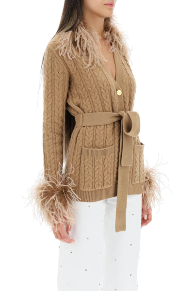 Shop Valentino Wool Cardigan With Ostrich Feathers In Beige