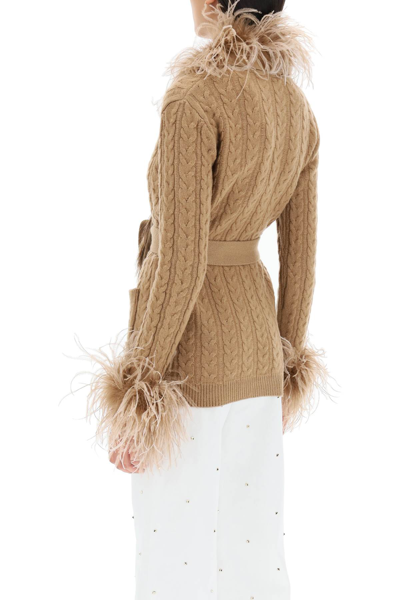 Shop Valentino Wool Cardigan With Ostrich Feathers In Beige