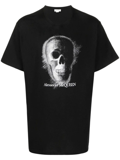 Alexander Mcqueen Man Black T-shirt With Silver Skull Motif In Black/silver  | ModeSens