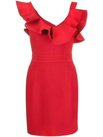 Shop Alexander Mcqueen Red Asymmetrical Ruffle-trim Mini Dress