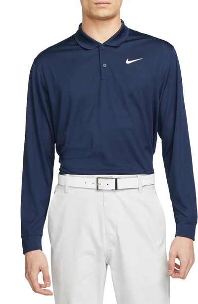 Shop Nike Dri-fit Victory Long Sleeve Golf Polo In College Navy/ White