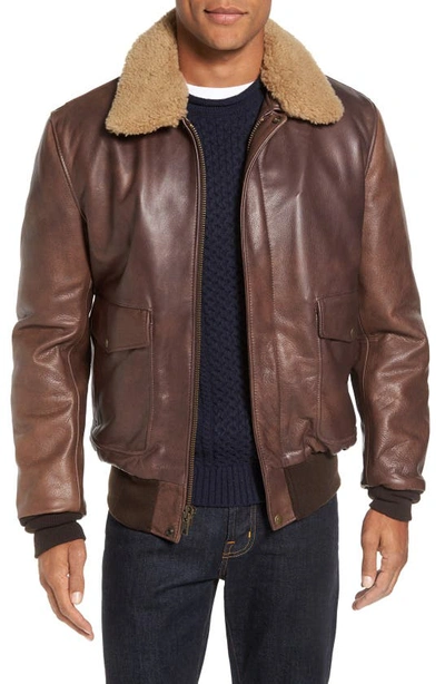 Shop Schott Cowhide Bomber Jacket With Genuine Shearling Collar In Brown