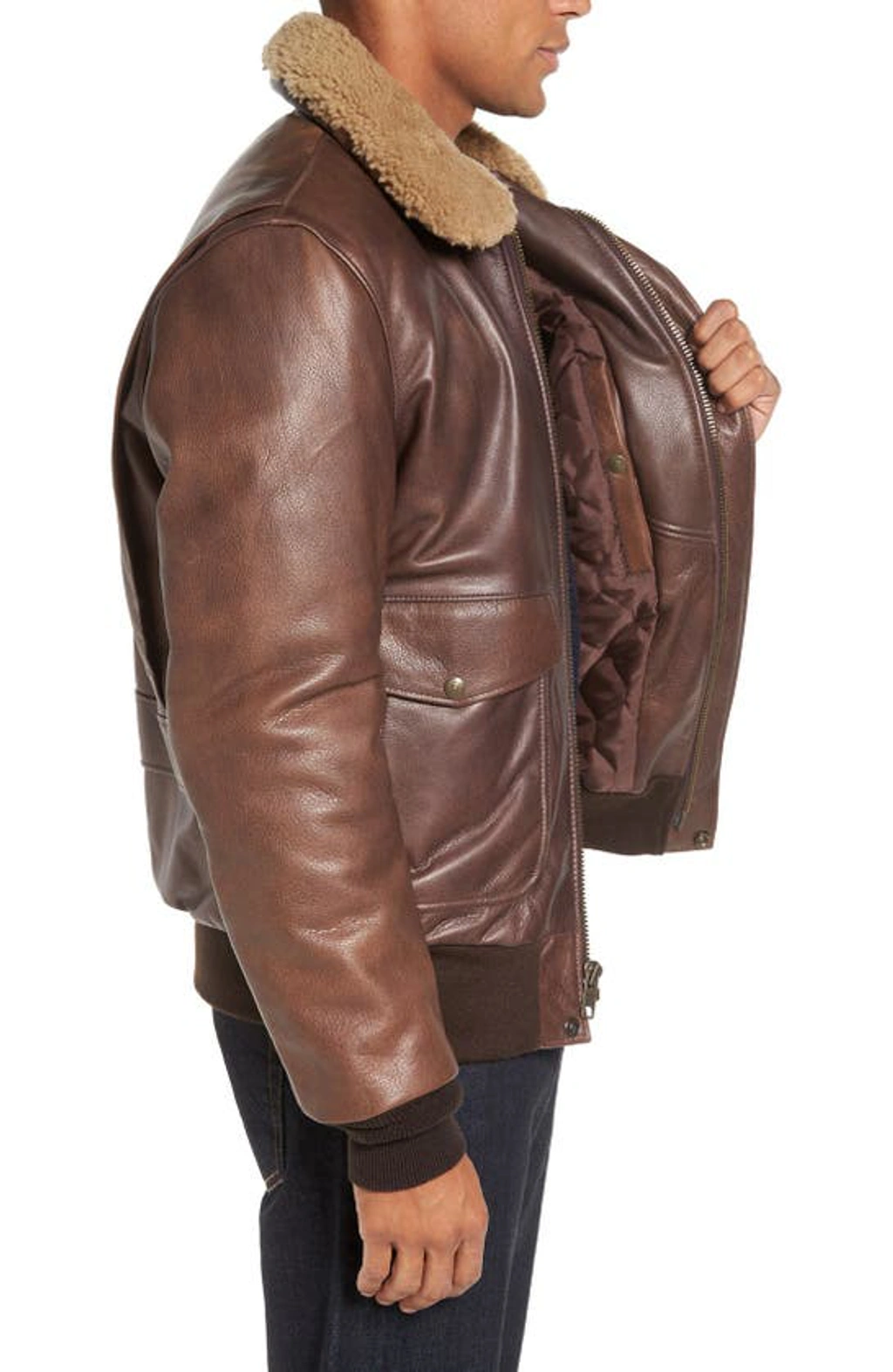Schott Cowhide Bomber Jacket With Genuine Shearling Collar In