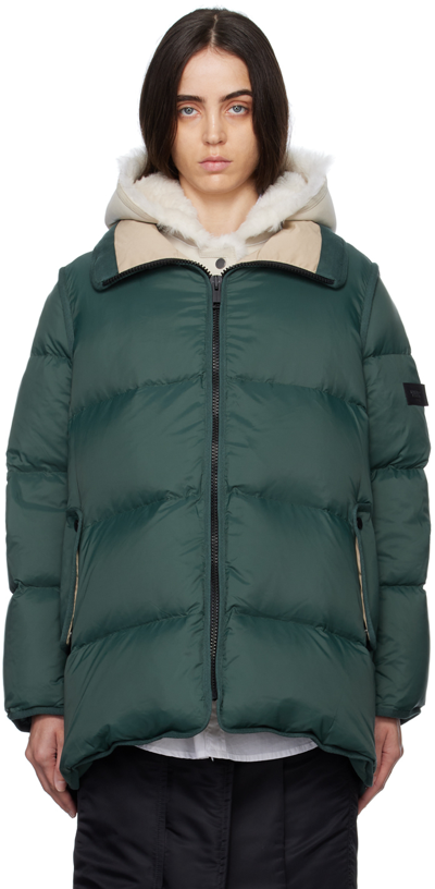 Shop Yves Salomon Green & Beige A-line Down Jacket In B2832 Deep Forest/sa
