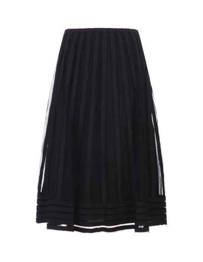 Shop Red Valentino Black Midi Skirt In Point Desprit Tulle With Ribbons In Nero