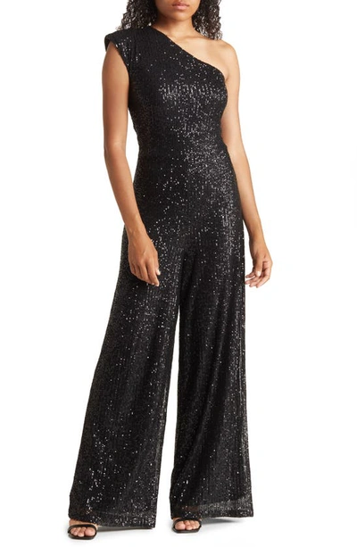 Love By Design Jupiter Sequin One-shoulder Jumpsuit In Black