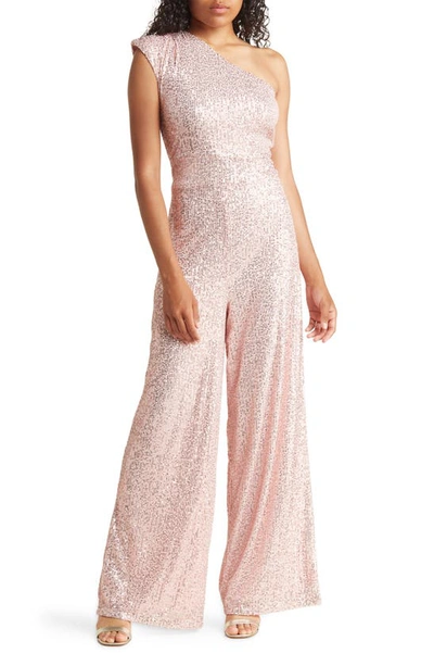 Love By Design Jupiter Sequin One-shoulder Jumpsuit In Rose Gold