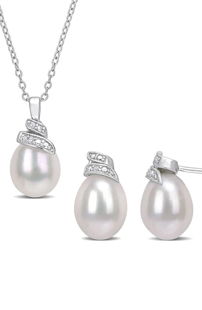 Delmar Sterling Silver 6.5–7mm Cultured Freshwater Pearl Diamond Necklace & Earrings Set In White