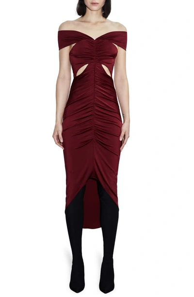 Shop Et Ochs Everly Ruched Off The Shoulder Cutout High-low Dress In Crimson