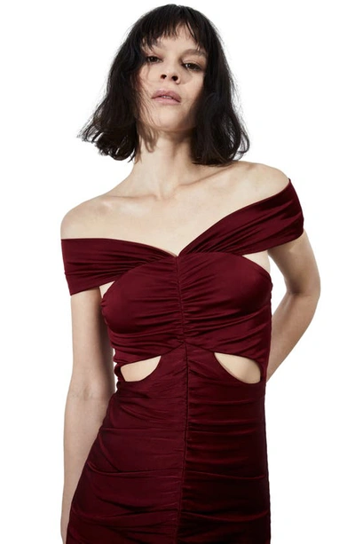Shop Et Ochs Everly Ruched Off The Shoulder Cutout High-low Dress In Crimson