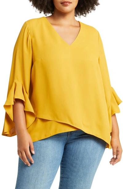 Shop Vince Camuto Flutter Sleeve Crossover Georgette Tunic Top In 753 Honey Pot