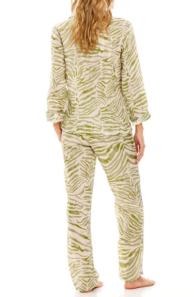 The Lazy Poet Emma Olive Zebra Linen Pajama Set In Green