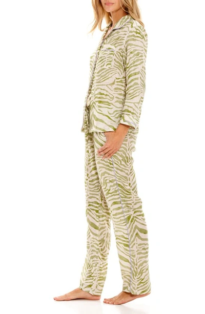 The Lazy Poet Emma Olive Zebra Linen Pajama Set In Green