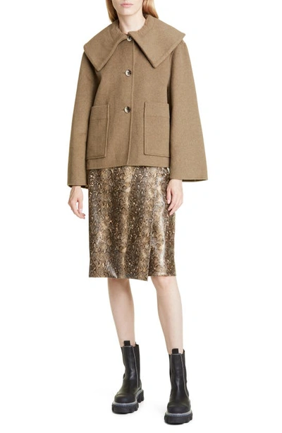 Shop Ganni Platter Collar Flare Sleeve Wool Blend Jacket In Petrified Oak
