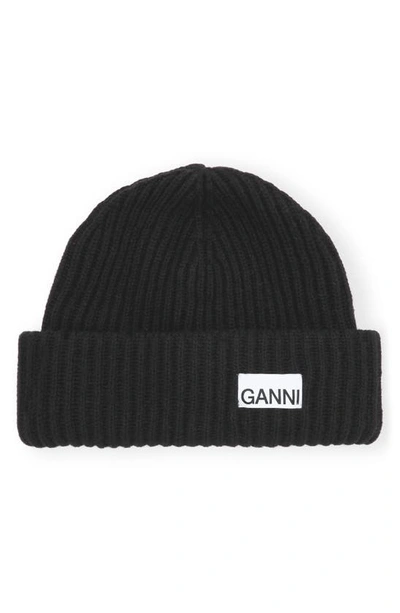 Ganni Womens Black Logo-patch Wool-blend Beanie Hat