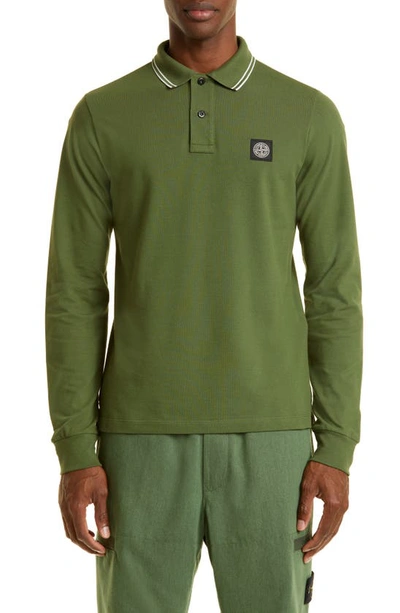 Stone Island Long Sleeve Piqué Polo Shirt In Olive | ModeSens