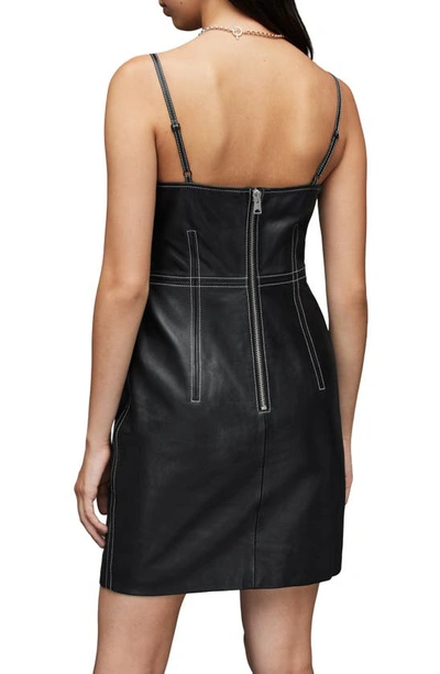 Shop Allsaints Olivia Contrast Stitch Leather Minidress In Black