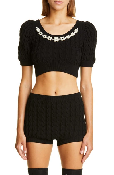 Shop Simone Rocha Imitation Pearl Cable Knit Crop Puff Sleeve Sweater In Black/ Pearl/ Clear