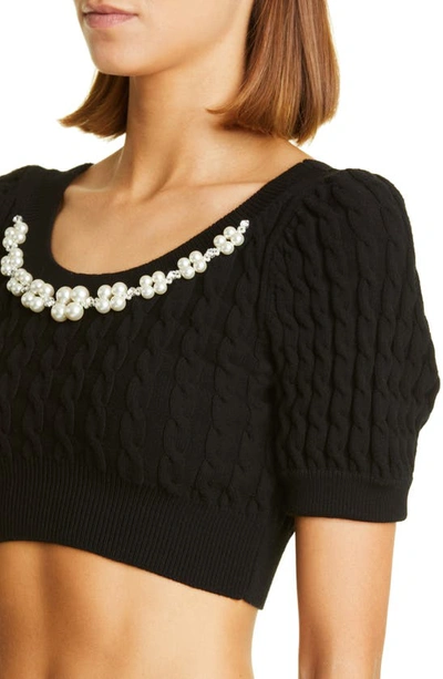 Shop Simone Rocha Imitation Pearl Cable Knit Crop Puff Sleeve Sweater In Black/ Pearl/ Clear