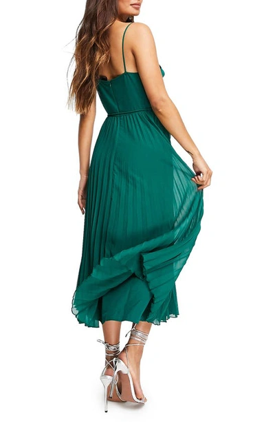 Shop Asos Design Twist Front Pleated Midi Dress In Dark Green