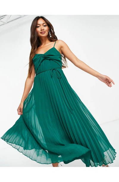 Shop Asos Design Twist Front Pleated Midi Dress In Dark Green