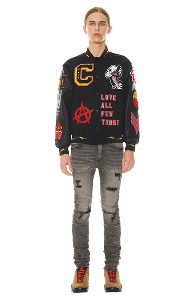 Cult Of Individuality Mixed Media Faux Leather Varsity Jacket In Black
