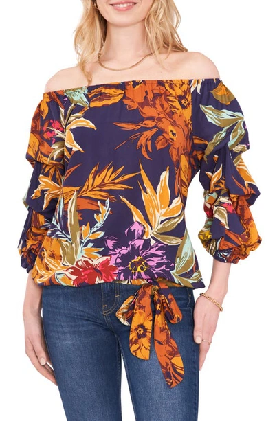 Shop Vince Camuto Floral Print Bubble Sleeve Top In Classic Navy