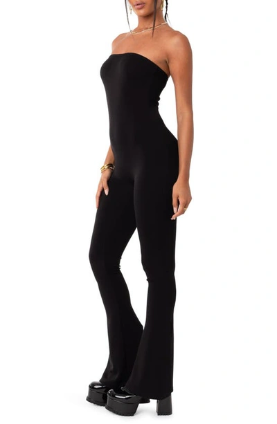Shop Edikted Melina Side Slit Strapless Flare Jumpsuit In Black