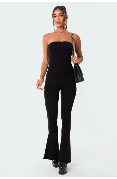 Edikted Melina Side Slit Strapless Flare Jumpsuit In Black