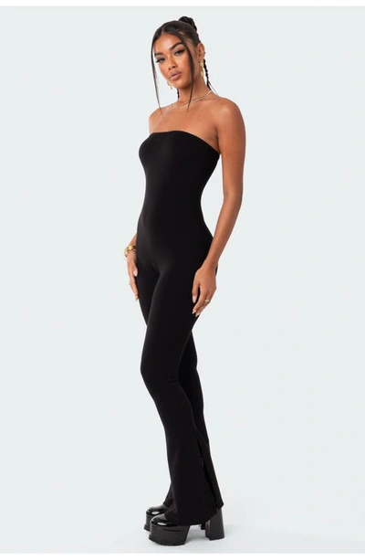 Edikted Melina Side Slit Strapless Flare Jumpsuit In Black