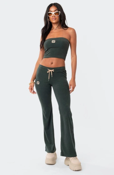 Edikted Terry Low Rise Flare Leg Pants In Green