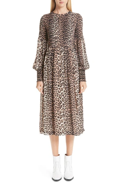 Ganni Leopard Print Georgette Midi Dress In Brown | ModeSens