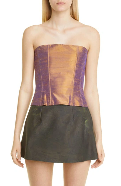 Shop Puppets And Puppets Slubbed Silk Strapless Corset Top In Gold/ Purple