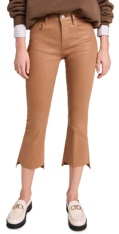Shop Frame Le Crop Mini Boot Coated Raw Stagger Jeans In Latte