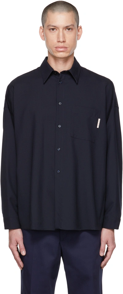 Shop Marni Navy Wool Shirt In 00b99 Blublack