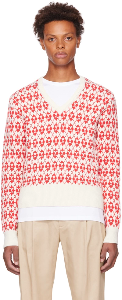 Shop Ami Alexandre Mattiussi Off-white & Red Jacquard Sweater In Off-white/red/154