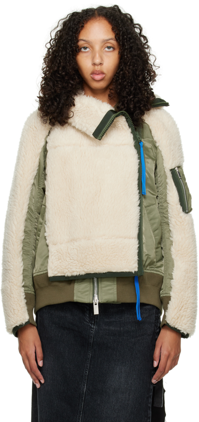 Sacai Asymmetric Layered Padded Wool-fleece And Shell Jacket In Ecru Khaki  | ModeSens