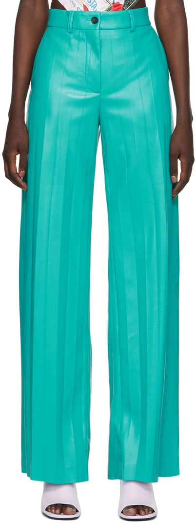 Shop Msgm Blue Pleated Faux-leather Pants In 83 Ciano