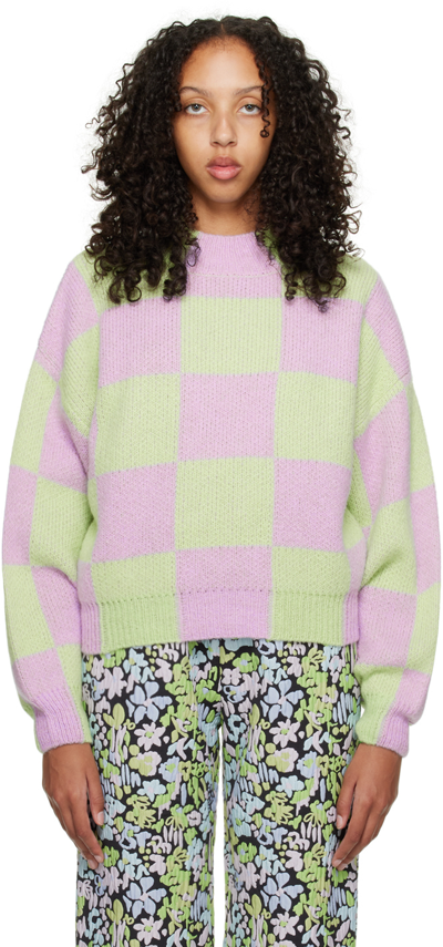 Shop Stine Goya Green & Pink Adonis Crewneck Sweater In 3096 Lavender Fog