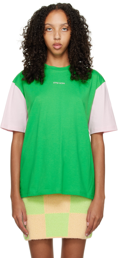 Shop Stine Goya Green & Pink Margila T-shirt In 1038 Colour Block