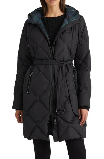 Shop Lauren Ralph Lauren Quilted Down Puffer Coat In Black / Black Watch