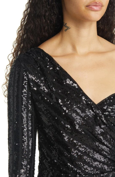 Shop Lulus Elegant Occasion Sequin One-shoulder Long Sleeve Cocktail Dress In Black