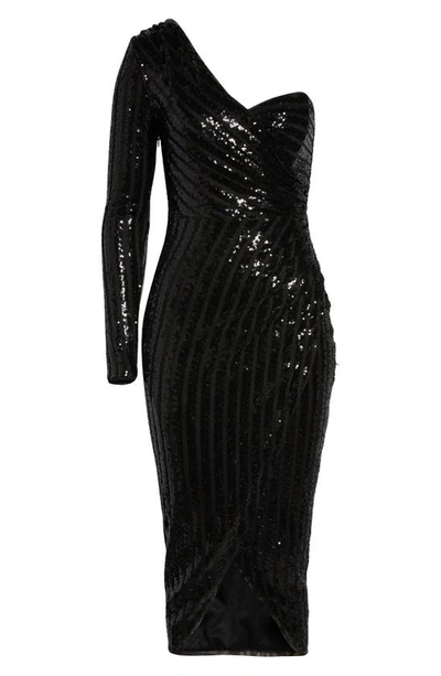 Shop Lulus Elegant Occasion Sequin One-shoulder Long Sleeve Cocktail Dress In Black