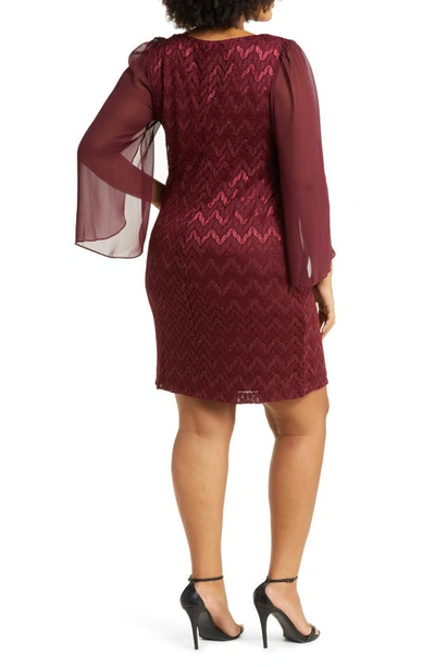 Shop Connected Apparel Chevron Long Sleeve Lace & Chiffon Dress In Burgandy