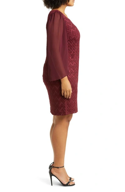 Shop Connected Apparel Chevron Long Sleeve Lace & Chiffon Dress In Burgandy