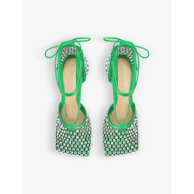 Shop Bottega Veneta Women's Green Strass Crystal-embellished Leather And Mesh Sandals