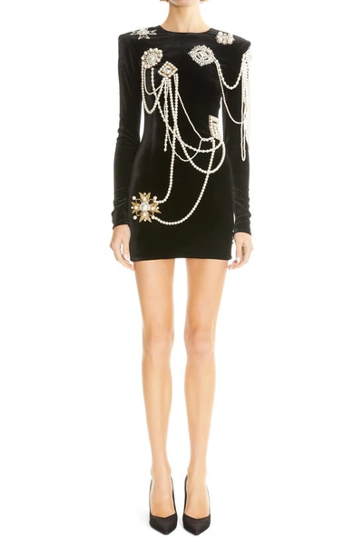 Balmain Badge Embellished Velvet Mini Dress In Black ModeSens