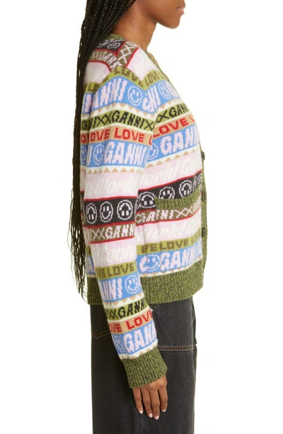 Shop Ganni Graphic Recycled Wool Blend Cardigan In Multicolour