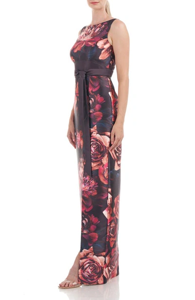 Shop Kay Unger Carina Floral Print Column Gown In Oxblood Multi